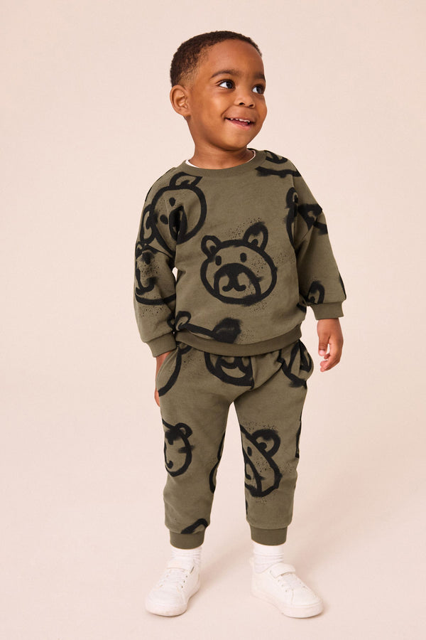 Khaki Green Spray Bears All-Over Print Character 100% Cotton Sweatshirt and Joggers Set (3mths-7yrs)