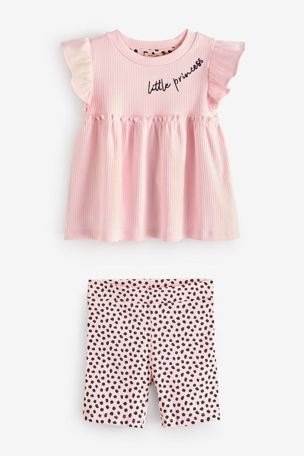 River Island Girls Pink Rib Peplum Top and Short Set