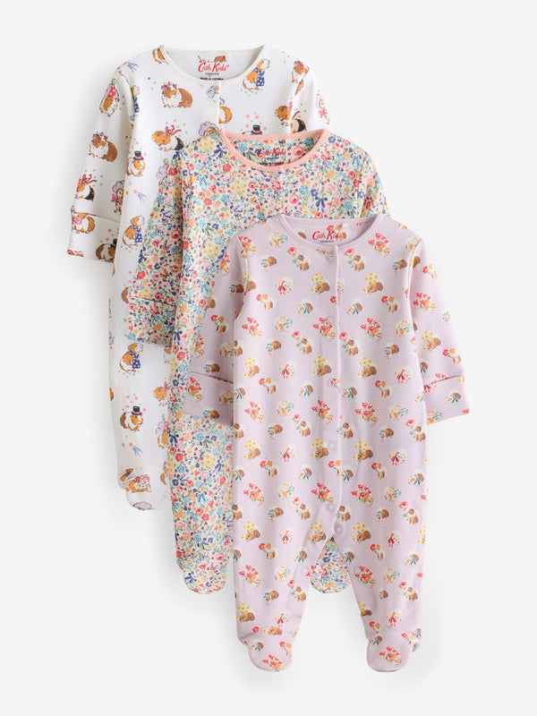 Lilac Purple Cath Kidston Floral Baby 100% Cotton Sleepsuits 3 Pack