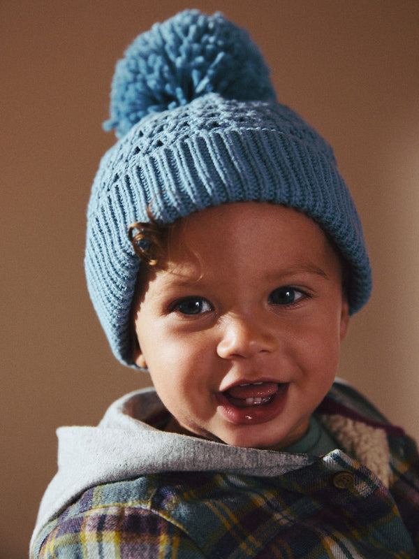 Blue Baby Waffle Pom Hat (0mths-2yrs)