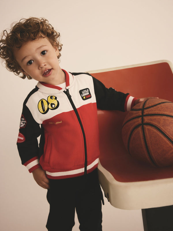 Red/Black Colourblock Zip Through Bomber Jacket (3mths-7yrs)