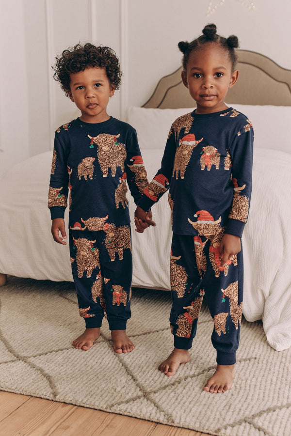 Navy Blue Matching Family Kids Christmas Hamish The Highland Cow Pyjamas (12mths-8yrs)