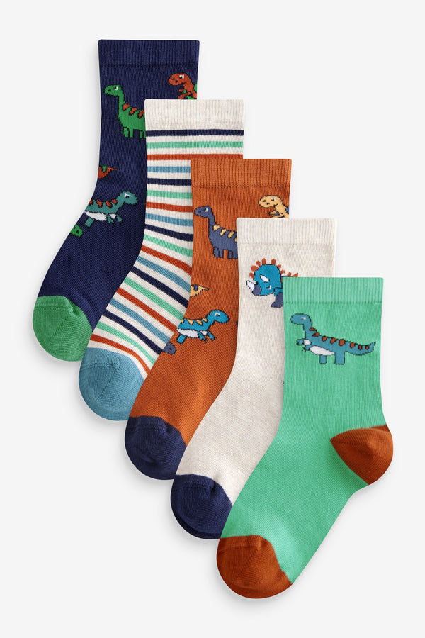 Brown/Green/Navy Blue Dinosaurs Print Cotton Rich Socks 5 Pack