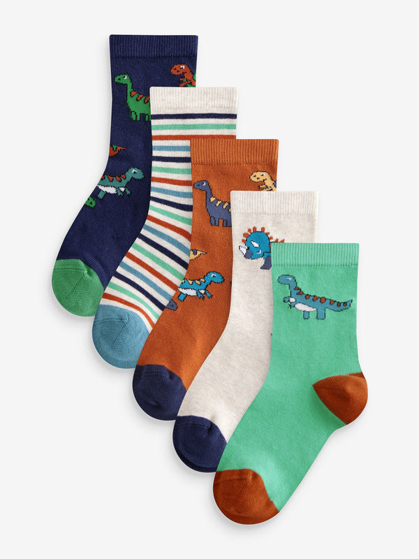 Brown/Green/Navy Blue Dinosaurs Print Rich Socks 5 Pack