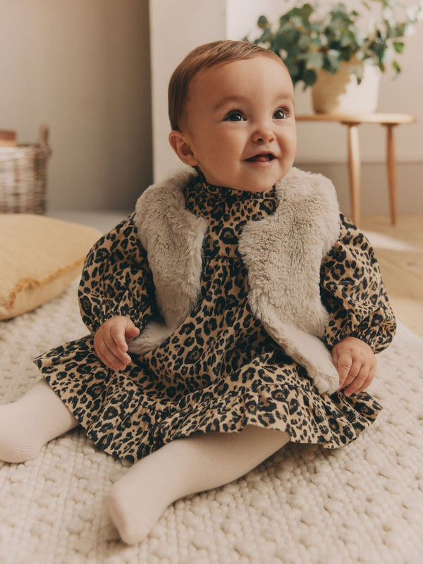 Leopard Print Faux Fur Gilet, Dress & Tights Set (immediate)