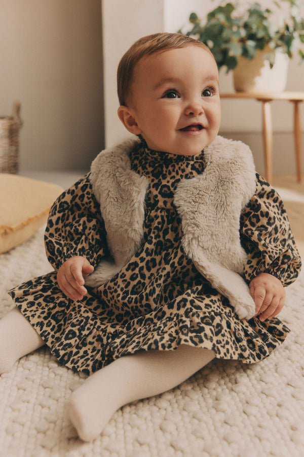 Leopard Print Faux Fur Gilet, Dress & Tights Set (0mths-2yrs)