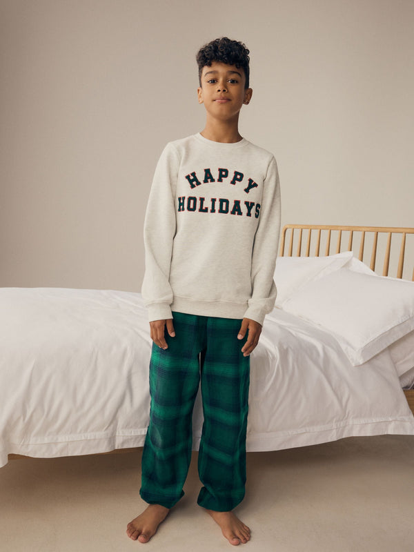 Grey/Green 100% Cotton Matching Family Kids Christmas Happy Holidays Pyjamas (3-16yrs)