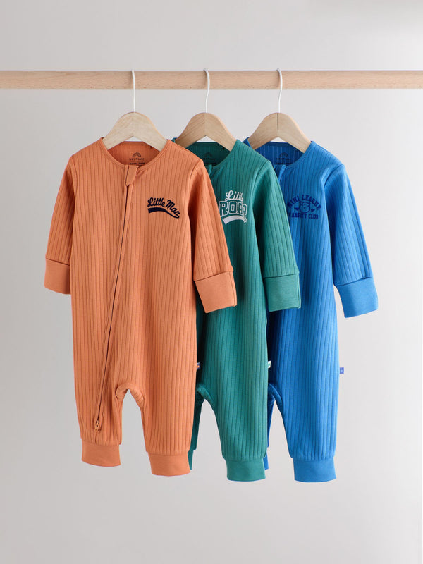 Little Man Multi Baby Two Way Zip Footless 100% Cotton Sleepsuits 3 Pack (0mths-3yrs)