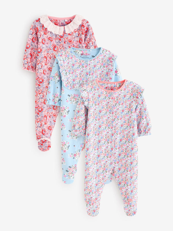 Blue Floral Baby 100% Cotton Sleepsuits 3 Pack