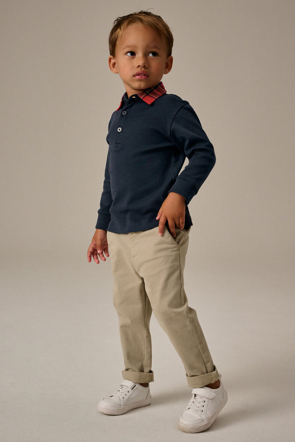 Navy Blue Tartan Collar Long Sleeve 100% Cotton Polo Shirt (3mths-7yrs)