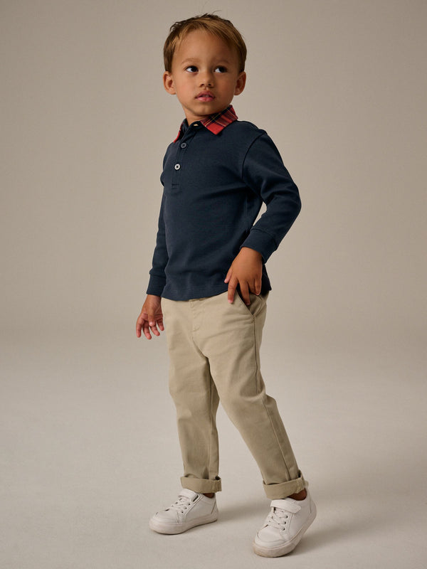 Navy Blue Tartan Collar Long Sleeve 100% Cotton Polo Shirt (3mths-7yrs)