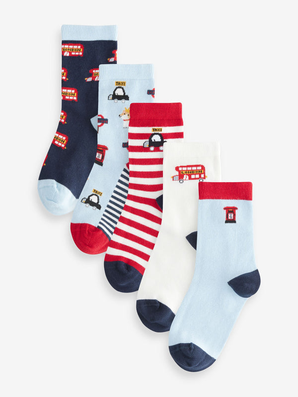 Blue/Red London Bus Print Rich Socks 5 Pack