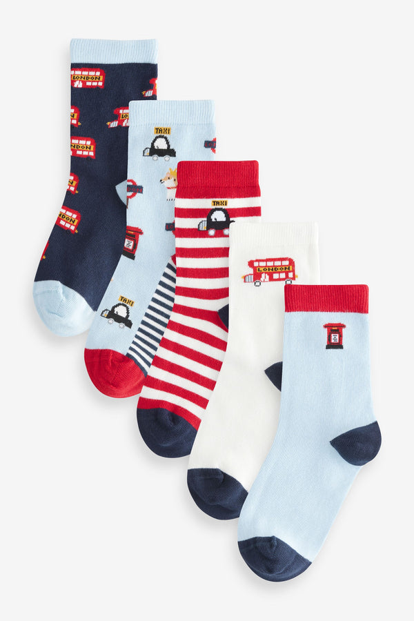 Blue/Red London Bus Print Cotton Rich Socks 5 Pack