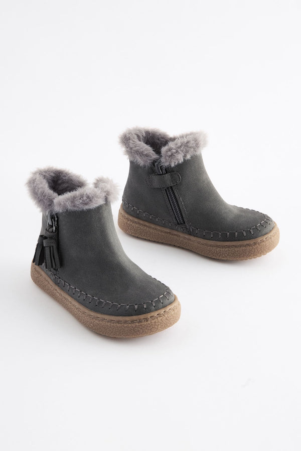 Charcoal Grey Faux Fur Lined Tassel Ankle Boots