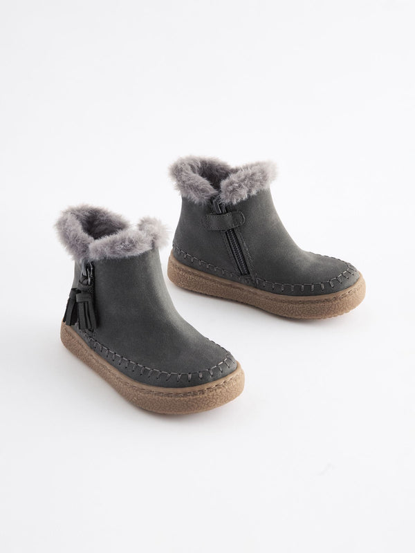 Charcoal Grey Faux Fur Lined Tassel Ankle Boots