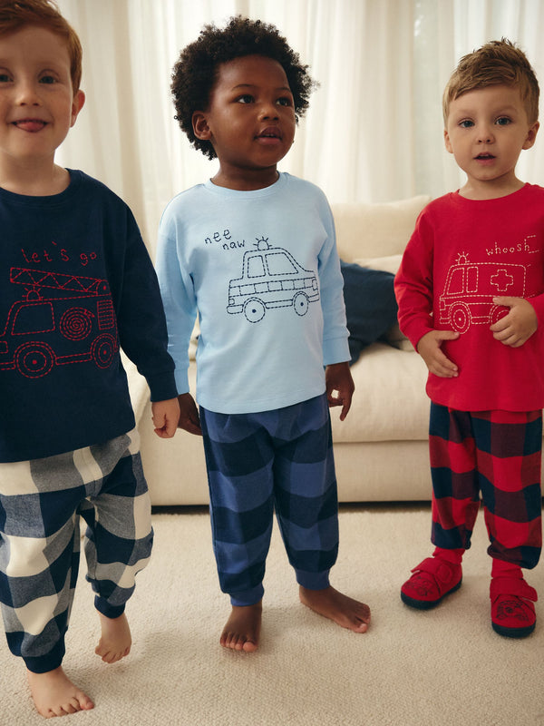 Red/Navy/Blue Vehicle Check Woven Bottom Pyjamas 3 Pack (9mths-12yrs)
