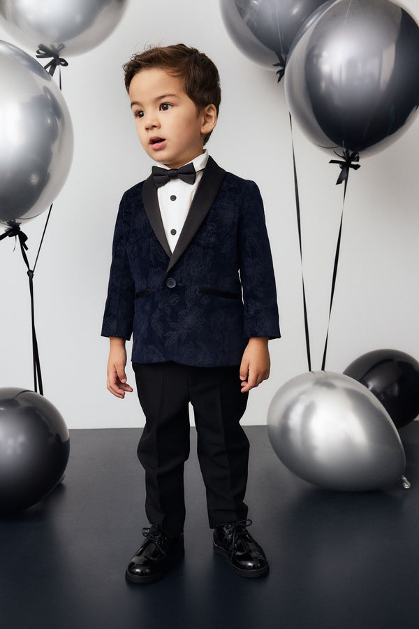 Navy Blue Floral Velvet Blazer, Shirt, Trousers And Bow Tie Set (3mths-9yrs)