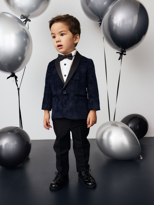 Navy Blue Floral Velvet Blazer, Shirt, Trousers And Bow Tie Set (3mths-9yrs)