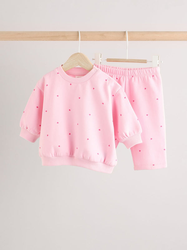 Pink/ Red Heart Print Cosy Baby Sweatshirt And Leggings 2 Piece Set