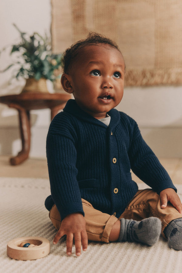 Navy Blue Baby 100% Cotton Rib Shawl Knitted Cardigan (0mths-2yrs)