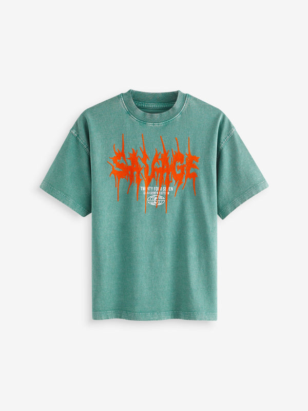Green Washed Oversized Fit 100% Cotton Short Sleeve Graphic T-Shirt (3-16yrs)