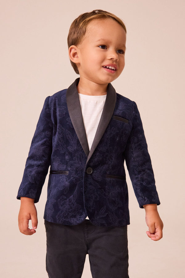 Navy Blue Floral Velvet 100% Cotton Blazer (3mths-9yrs)