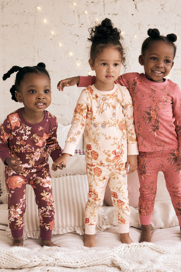 Pink/Purple/Cream 100% Cotton Floral Snuggle Pyjamas 3 Pack (9mths-16yrs)