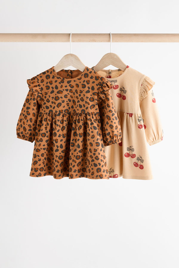 Tan Brown/ Cream Cherry & Animal Print Baby Jersey 100% Cotton Dresses 2 Pack (0mths-2yrs)