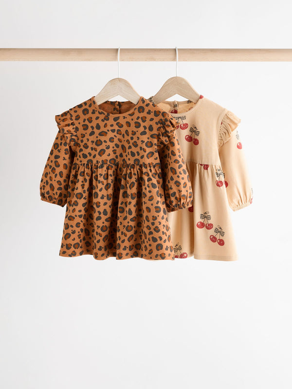 Tan Brown/ Cream Cherry & Animal Print Baby 100% Cotton Jersey Dresses 2 Pack (0mths-2yrs)