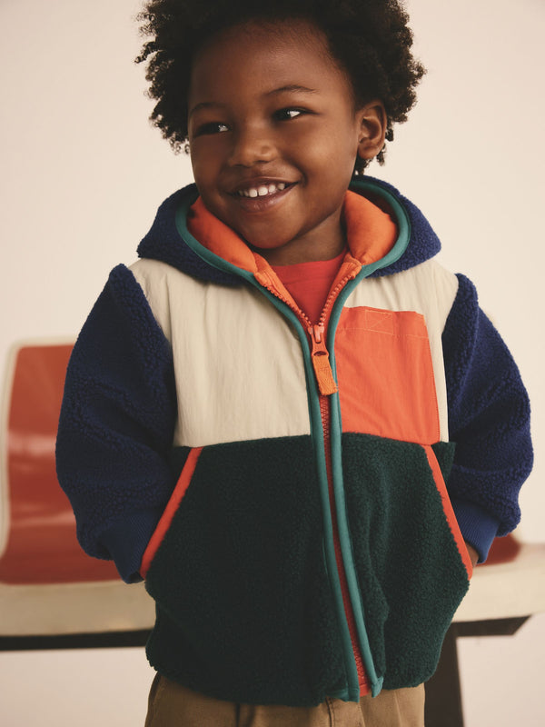 Blue/Green/Ecru Colourblock Fleece Zip Through Hooded Jacket (3mths-7yrs)