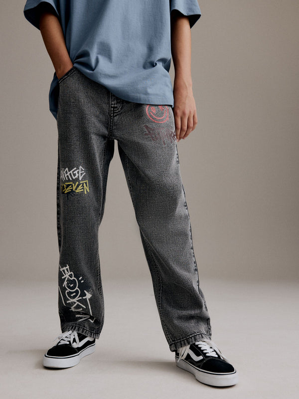Grey Wide Fit 100% Cotton Graffiti Denim Jeans (3-16yrs)