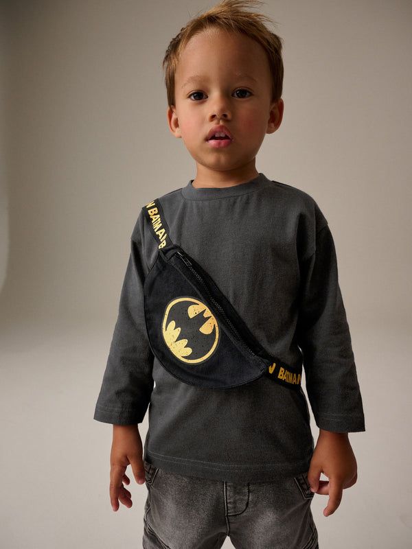 Black Batman 100% Cotton Long Sleeve Bumbag T-Shirt (3mths-8yrs)