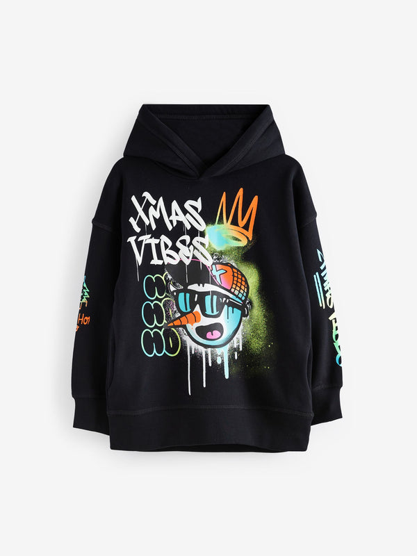 Black Snowman Christmas Graphic 100% Cotton Hoodie (3-16yrs)