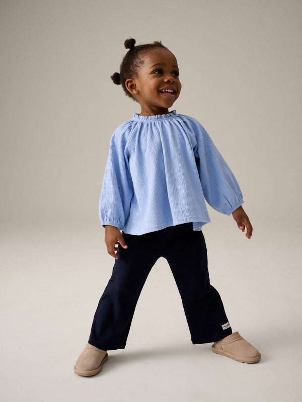 Blue Long Sleeve Gathered Neck Blouse (3mths-7yrs)