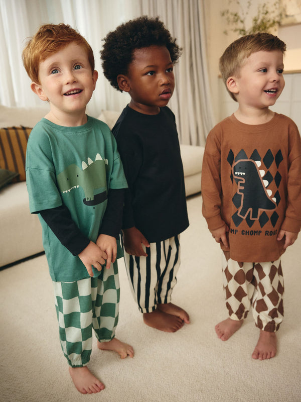Green/Black/Rust Checkerboard Oversized Pyjamas 3 Pack (9mths-10yrs)