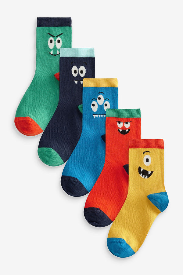 Bright Monster Smiles Print Cotton Rich Socks 5 Pack