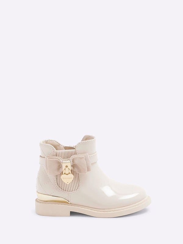 River Island Cream Patent Bow Padlock Boots