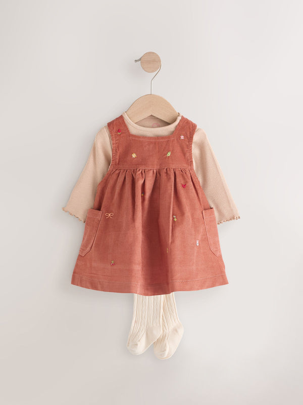 Rust Brown Embroidered Baby Corduroy Pinafore 100% Cotton Dress With Tights (0mths-2yrs)