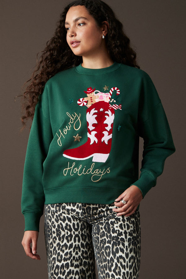 Forest Green/Pink/Red Novelty Christmas Fun Graphic Stocking Cowboy Boot Crew Neck Sweatshirt