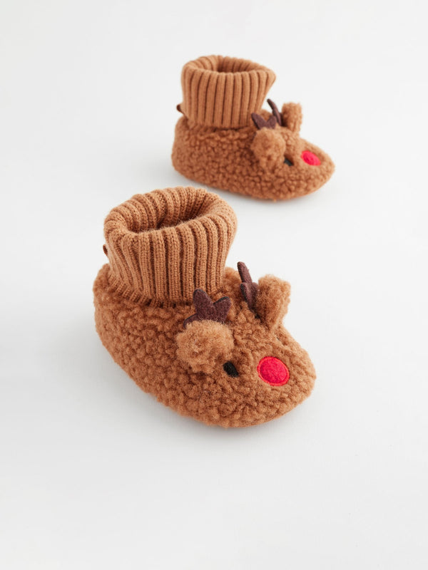 Brown Christmas Reindeer Sock Top Baby Boots (0-2mths)