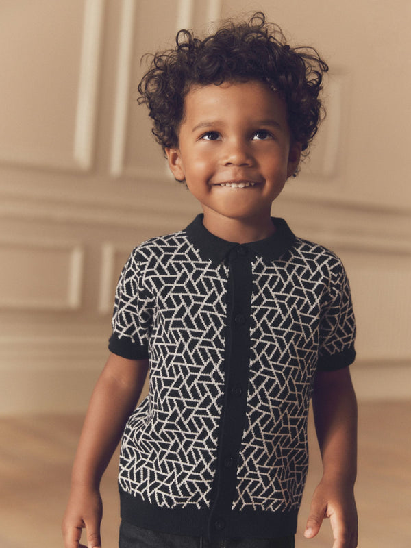 Black Geo Button Through Knitted Short Sleeve 100% Cotton Polo Shirt (3mths-7yrs)