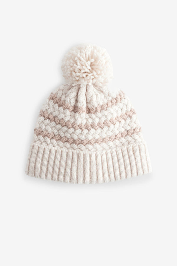 Neutral Stripe Baby Knitted Pom Hat