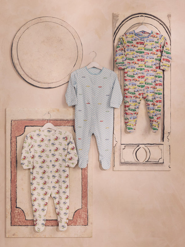 Blue/Green Cath Kidston Cars Baby 100% Cotton Sleepsuits 3 Pack