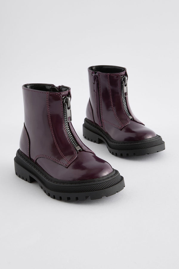 Burgundy Wide Fit (G) Zip Front Chunky Boots