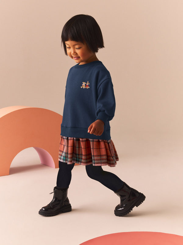 Navy Bear Long Sleeve Check Sweat Dress & Leggings (3mths-7yrs)