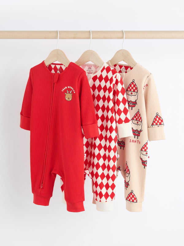 Red Baby Christmas Team Rudolph 100% Cotton Sleepsuits 3 Pack(immediate)