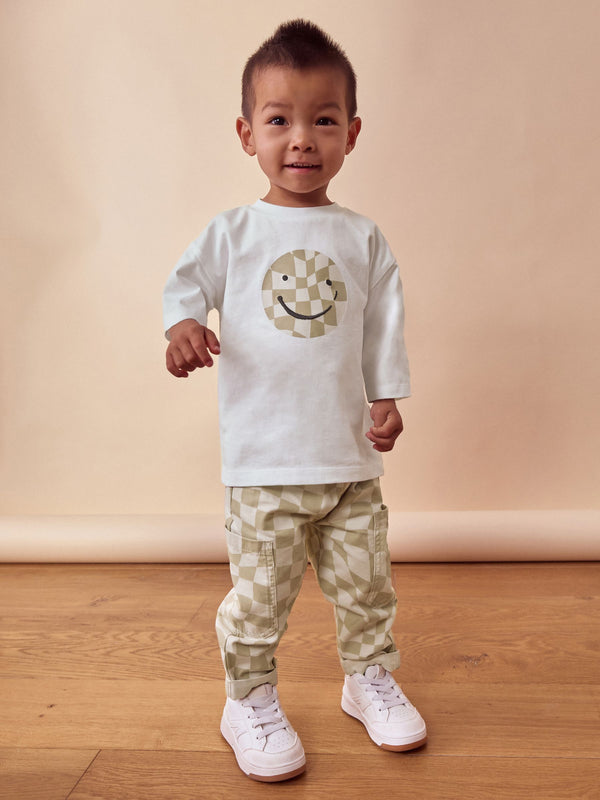 Neutral Checkerboard Trousers and Long Sleeves 100% Cotton T-Shirts Set (3mths-7yrs)