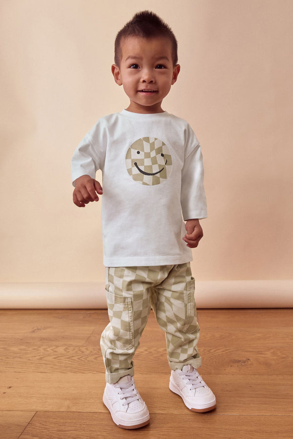 Neutral Checkerboard Trousers and Long Sleeve 100% Cotton T-Shirts Set (3mths-7yrs)