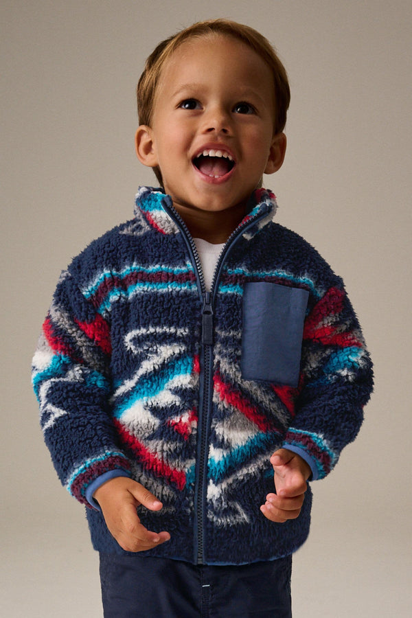 Navy Blue Patterned Zip Through Fleece (3mths-7yrs)