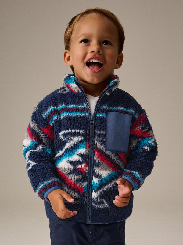 Navy Blue Patterned Zip Through Fleece (3mths-7yrs)